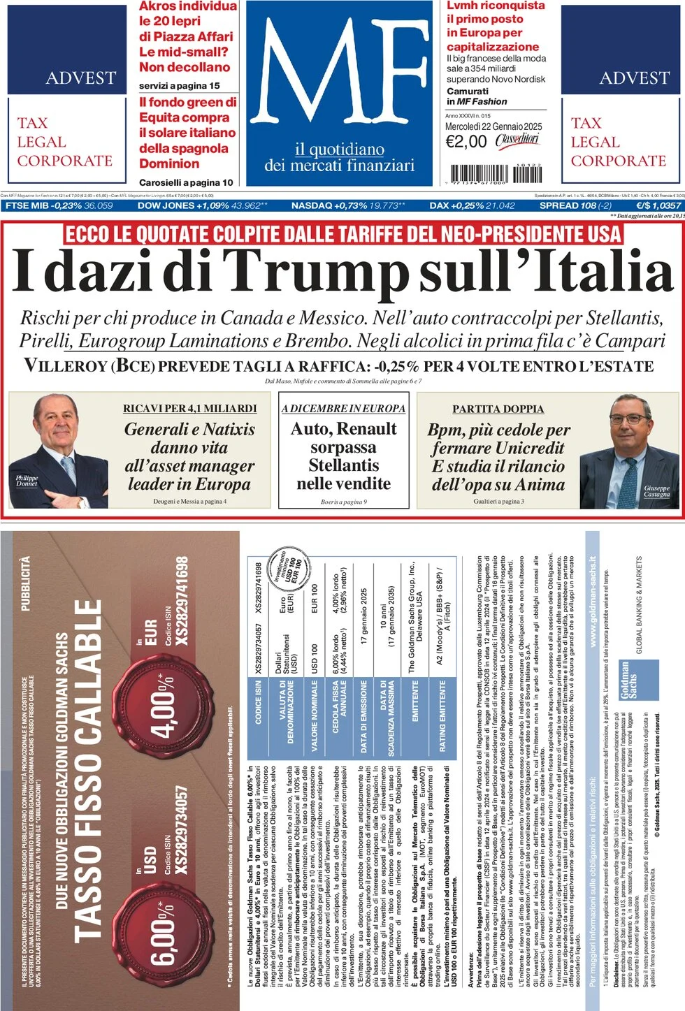 anteprima della prima pagina di mf-milano-finanza del 22/01/2025