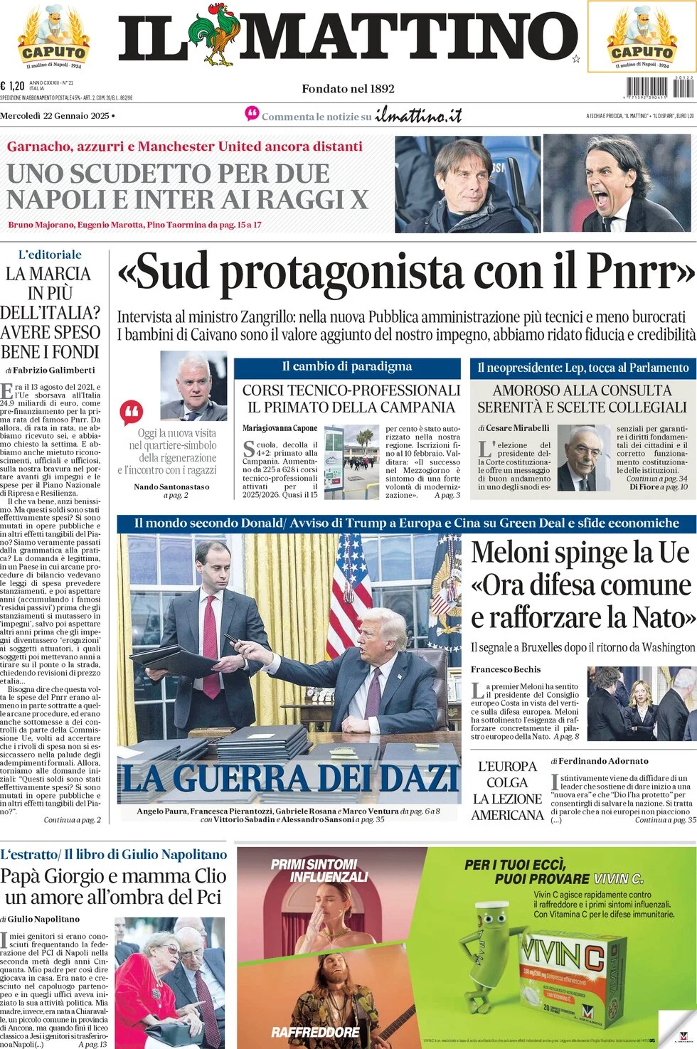 anteprima della prima pagina di il-mattino del 22/01/2025