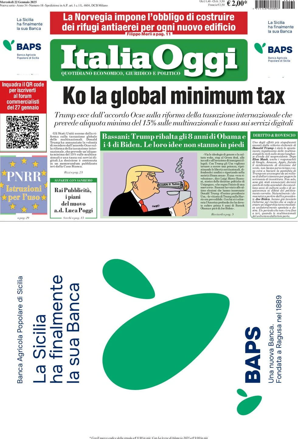 anteprima della prima pagina di italiaoggi del 22/01/2025
