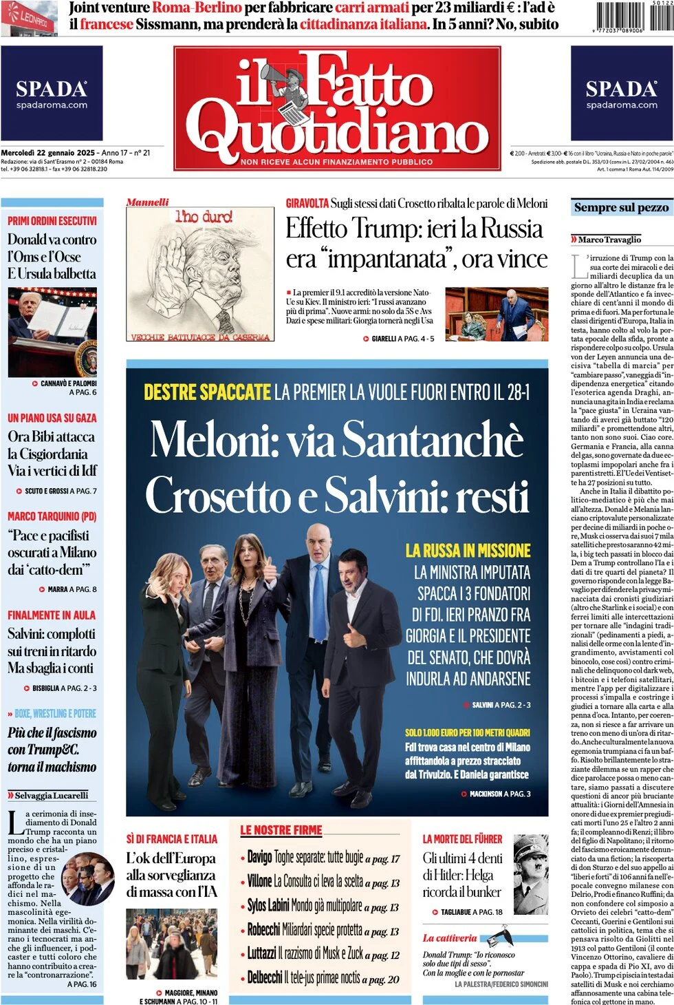 anteprima della prima pagina di il-fatto-quotidiano del 22/01/2025