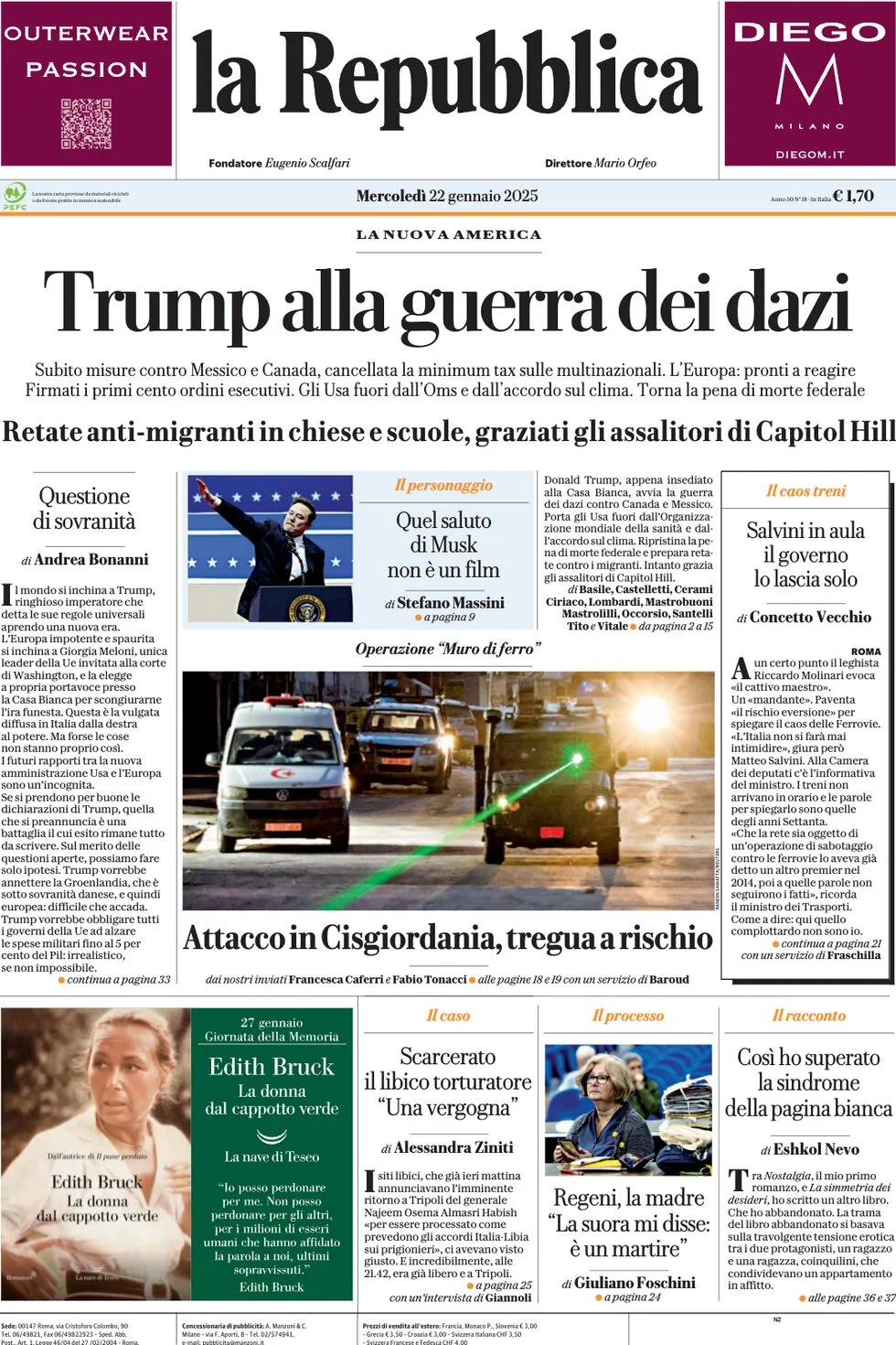 anteprima della prima pagina di la-repubblica del 22/01/2025
