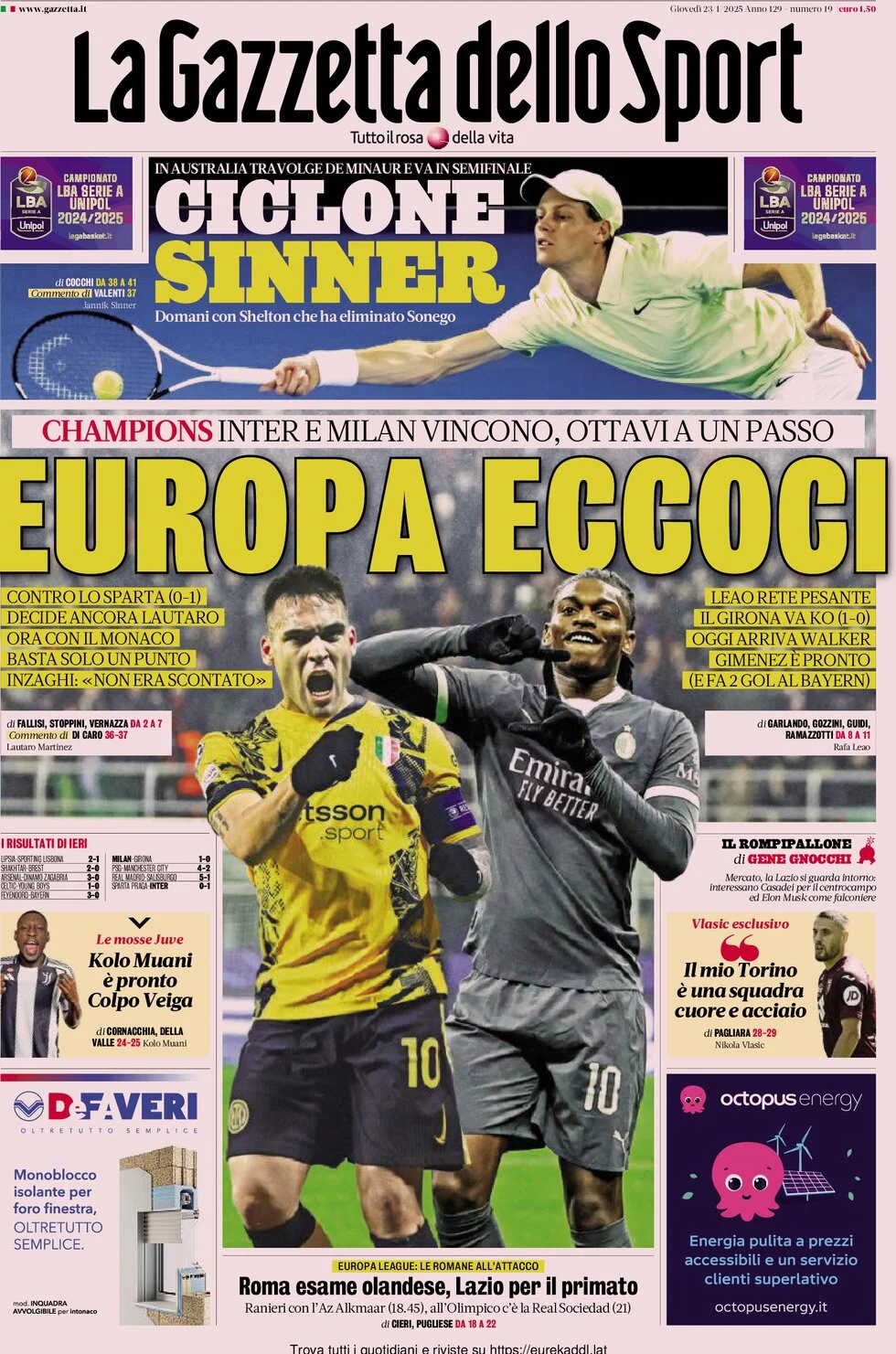 anteprima della prima pagina di la-gazzetta-dello-sport del 23/01/2025