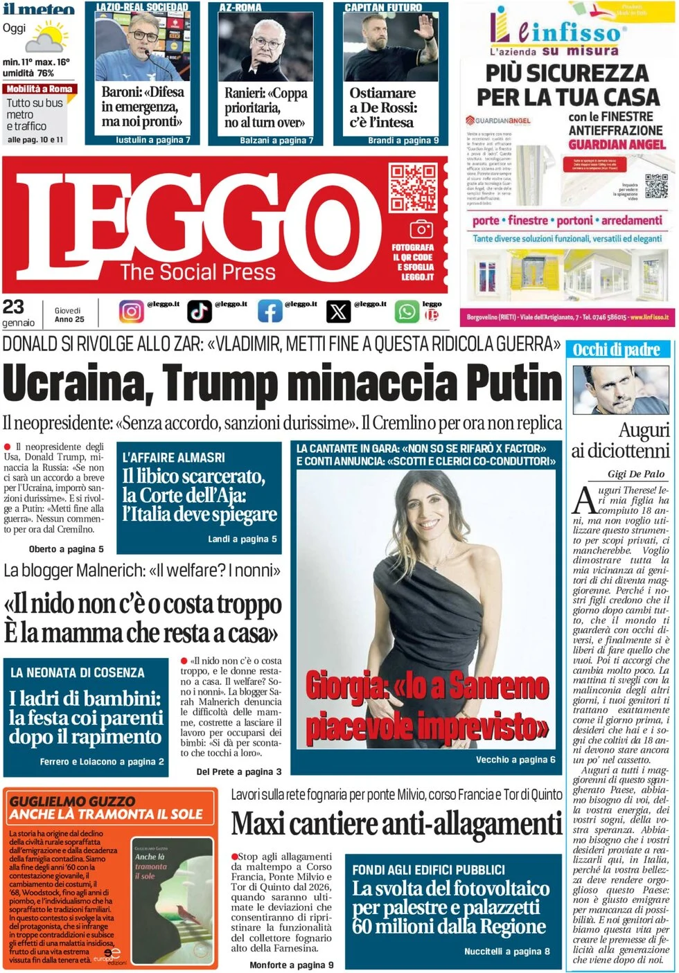 anteprima della prima pagina di leggo-roma del 23/01/2025