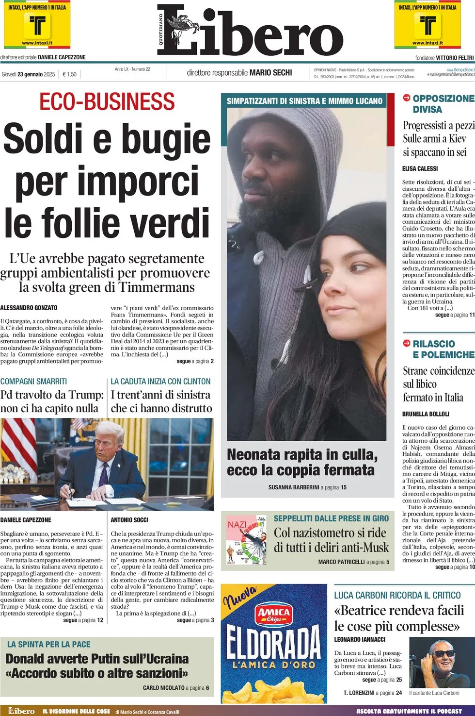 anteprima della prima pagina di libero-quotidiano del 23/01/2025