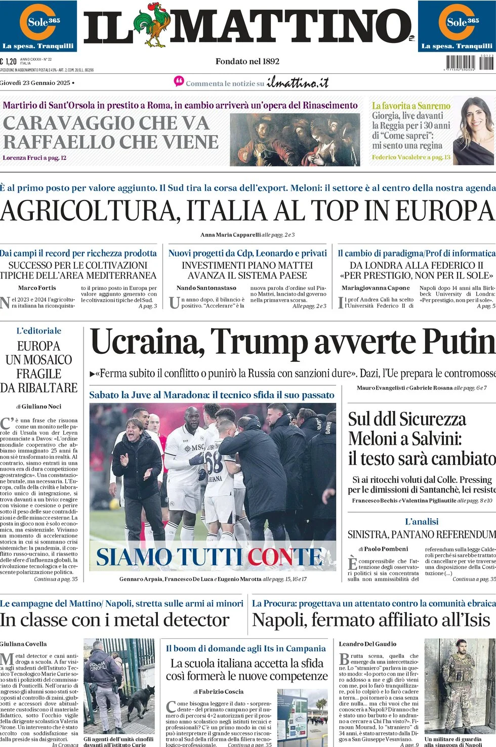 anteprima della prima pagina di il-mattino del 23/01/2025