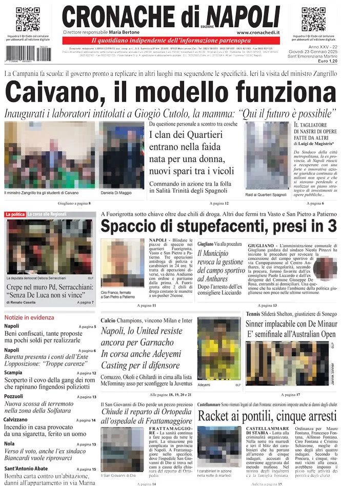 anteprima della prima pagina di cronache-di-napoli del 23/01/2025