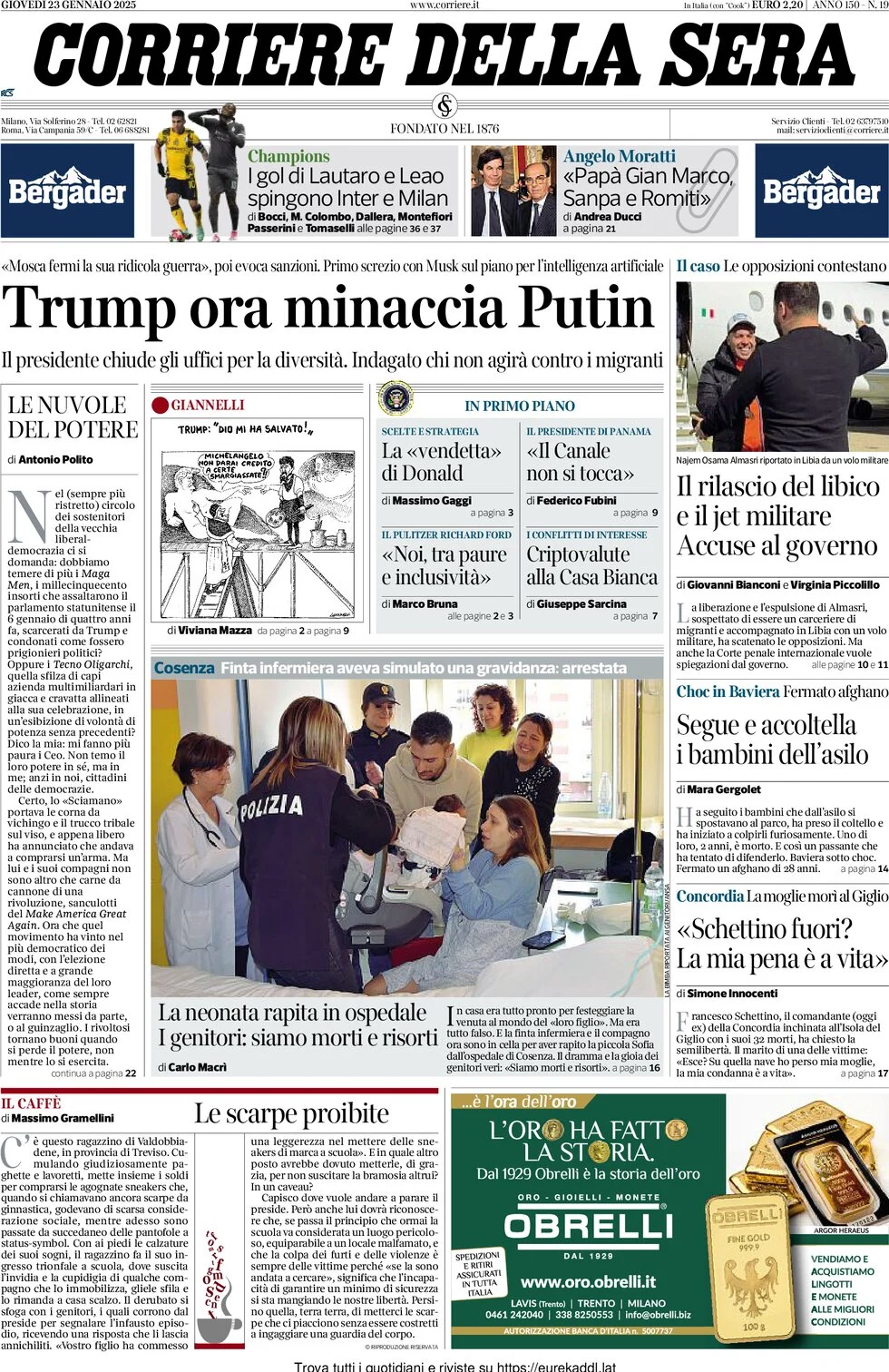 anteprima della prima pagina di corriere-della-sera del 23/01/2025