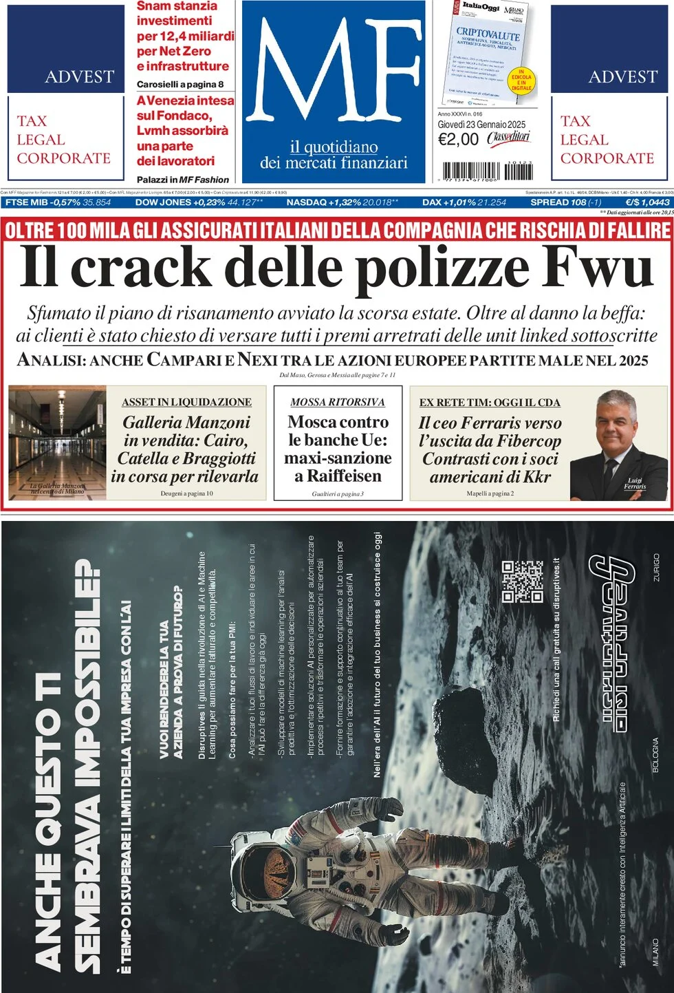anteprima della prima pagina di mf-milano-finanza del 23/01/2025