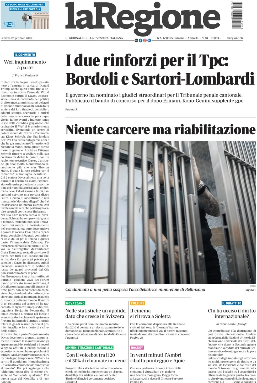 anteprima della prima pagina di la-regione del 23/01/2025