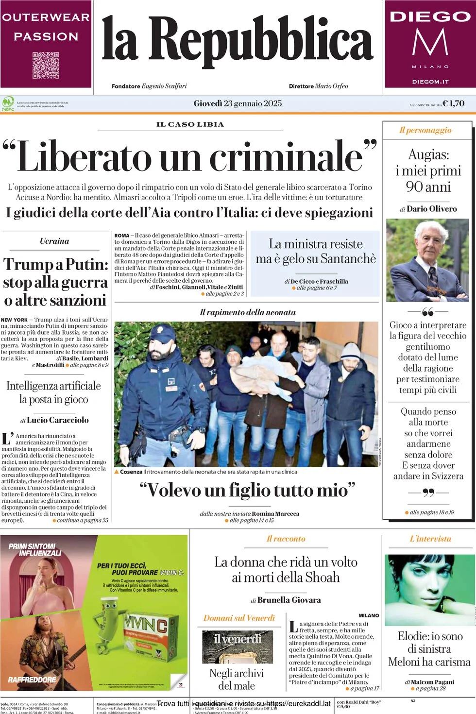 anteprima della prima pagina di la-repubblica del 23/01/2025
