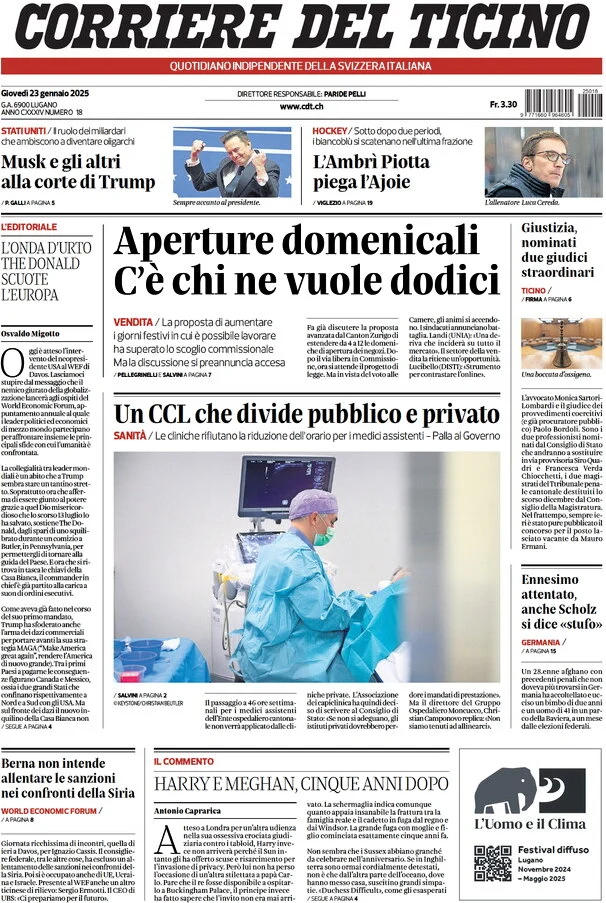 anteprima della prima pagina di corriere-del-ticino del 23/01/2025