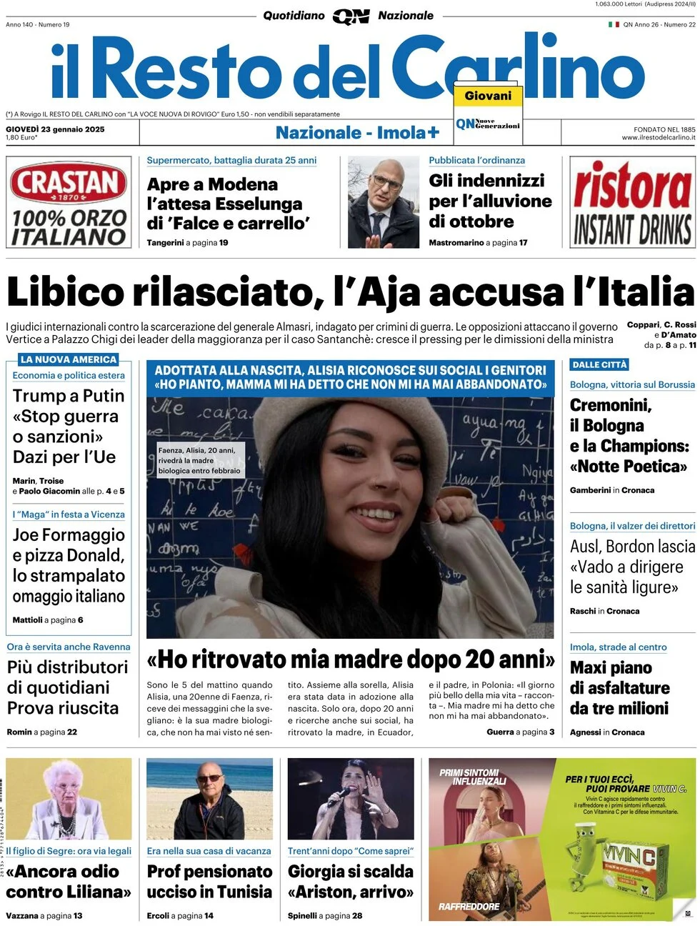 anteprima della prima pagina di il-resto-del-carlino del 23/01/2025