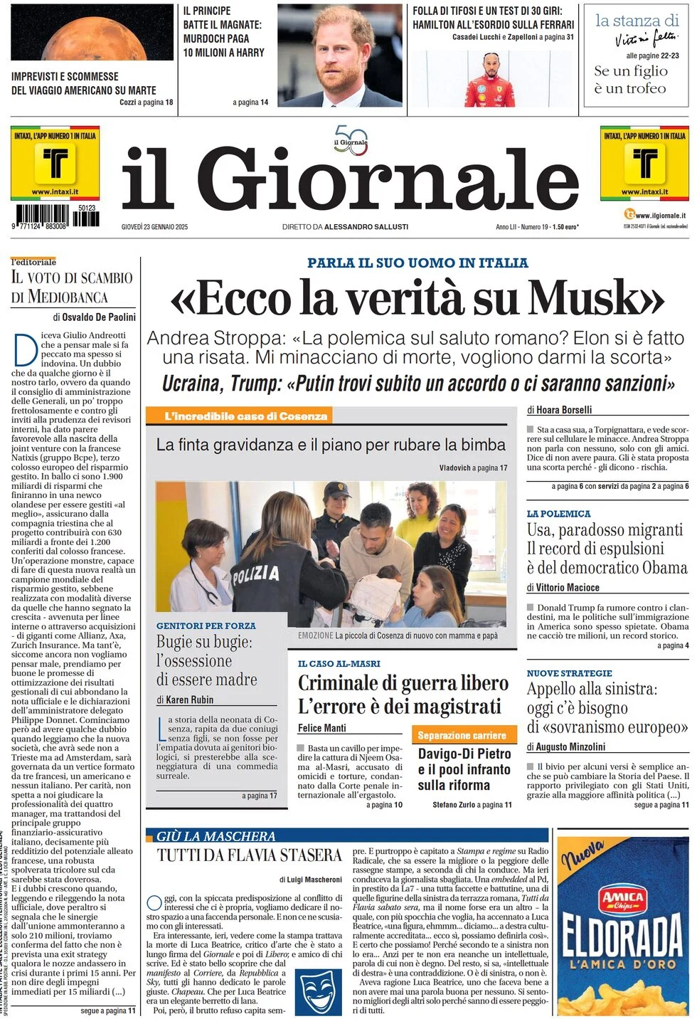 anteprima della prima pagina di il-giornale del 23/01/2025