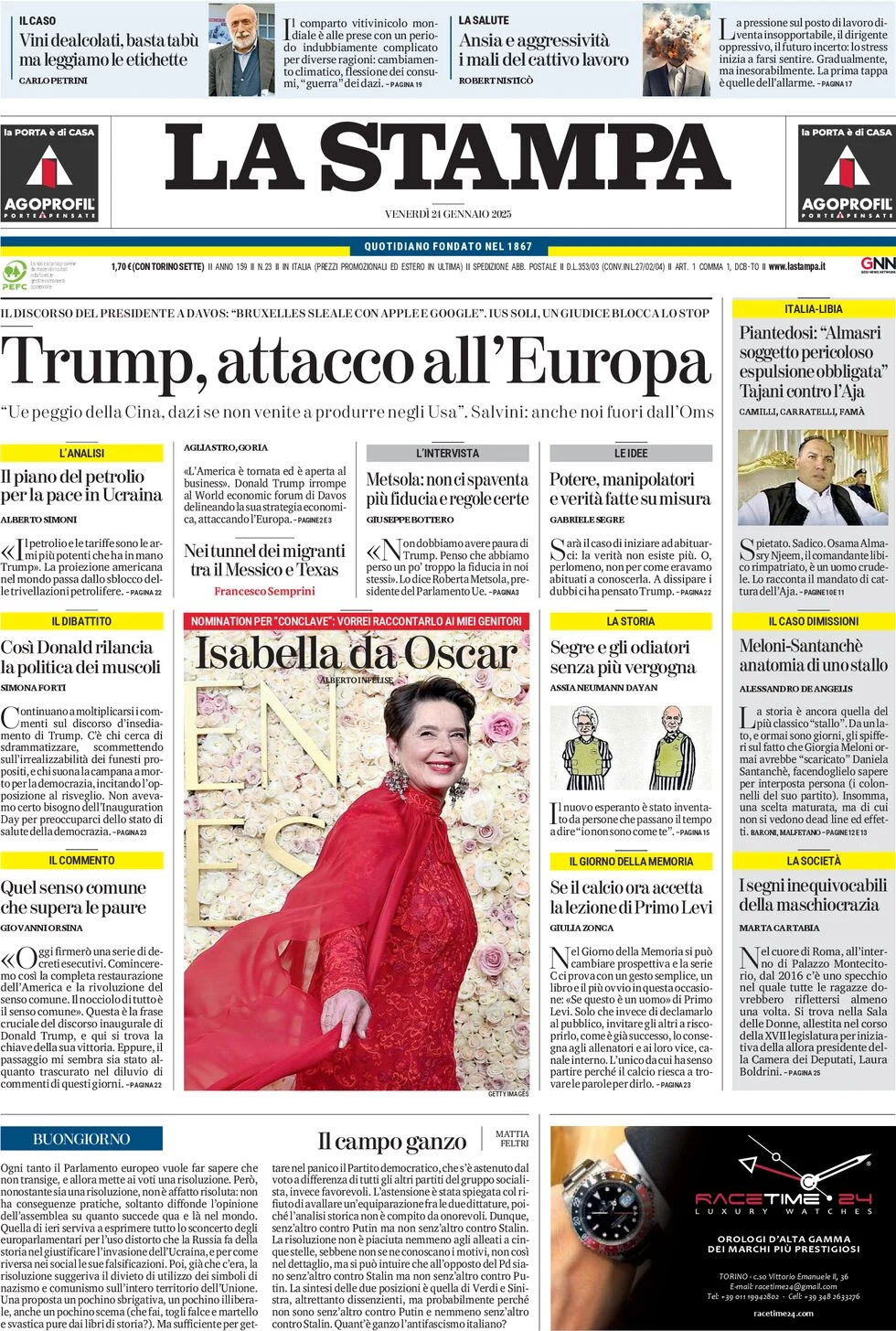 anteprima della prima pagina di la-stampa del 24/01/2025