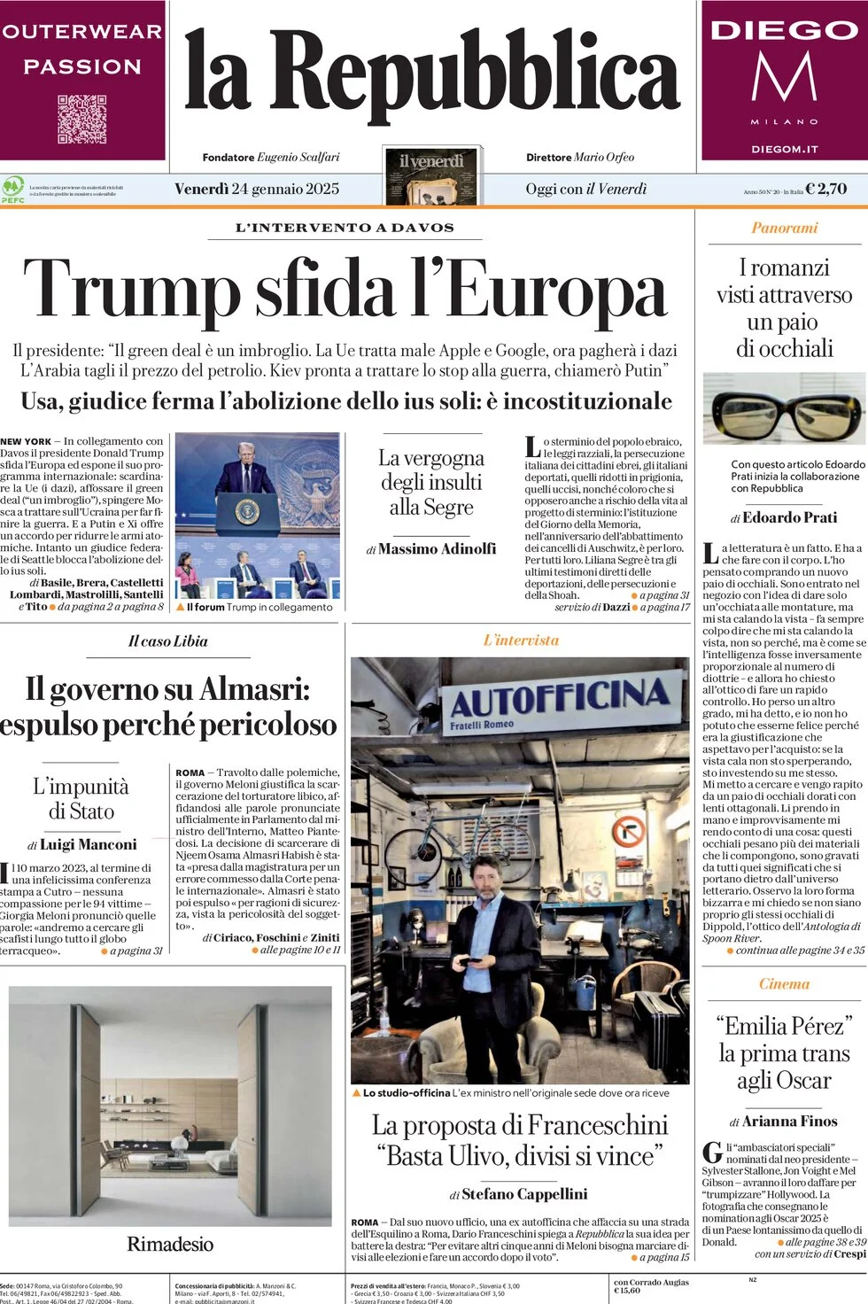 anteprima della prima pagina di la-repubblica del 24/01/2025