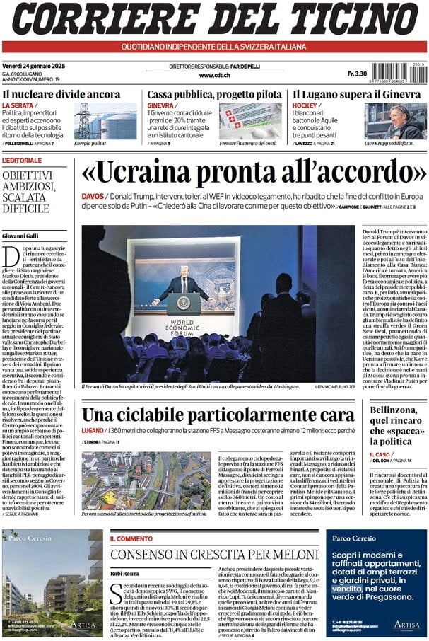 anteprima della prima pagina di corriere-del-ticino del 24/01/2025