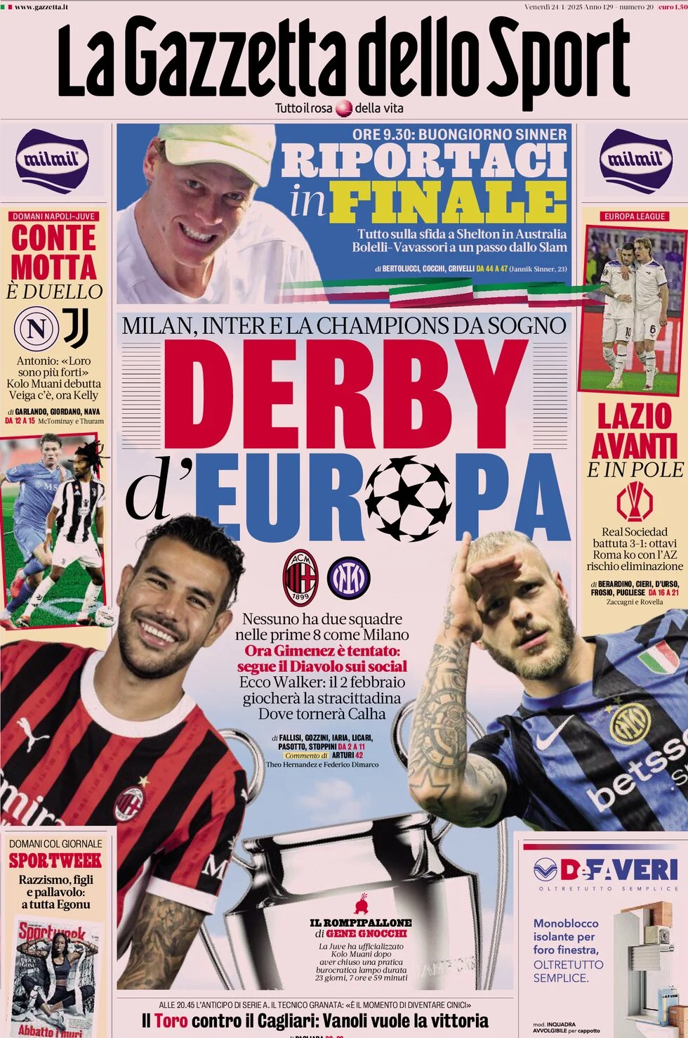anteprima della prima pagina di la-gazzetta-dello-sport del 24/01/2025