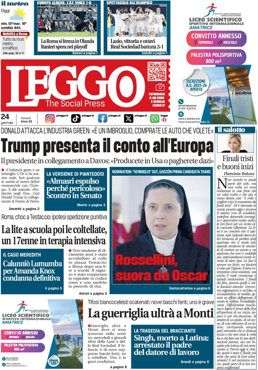 anteprima della prima pagina di leggo-roma del 24/01/2025