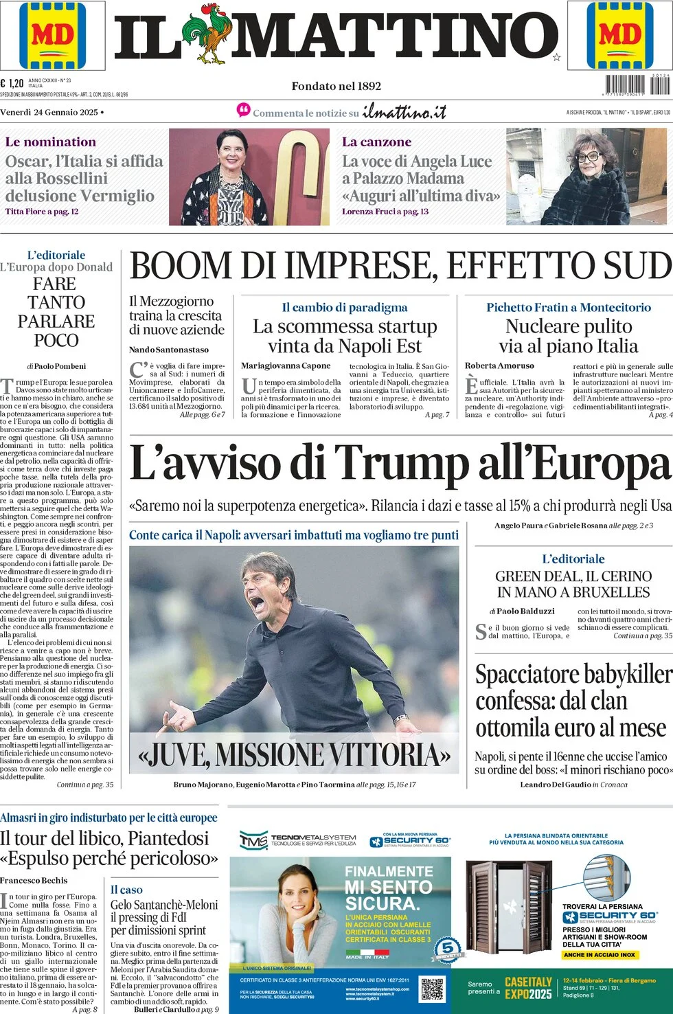 anteprima della prima pagina di il-mattino del 24/01/2025