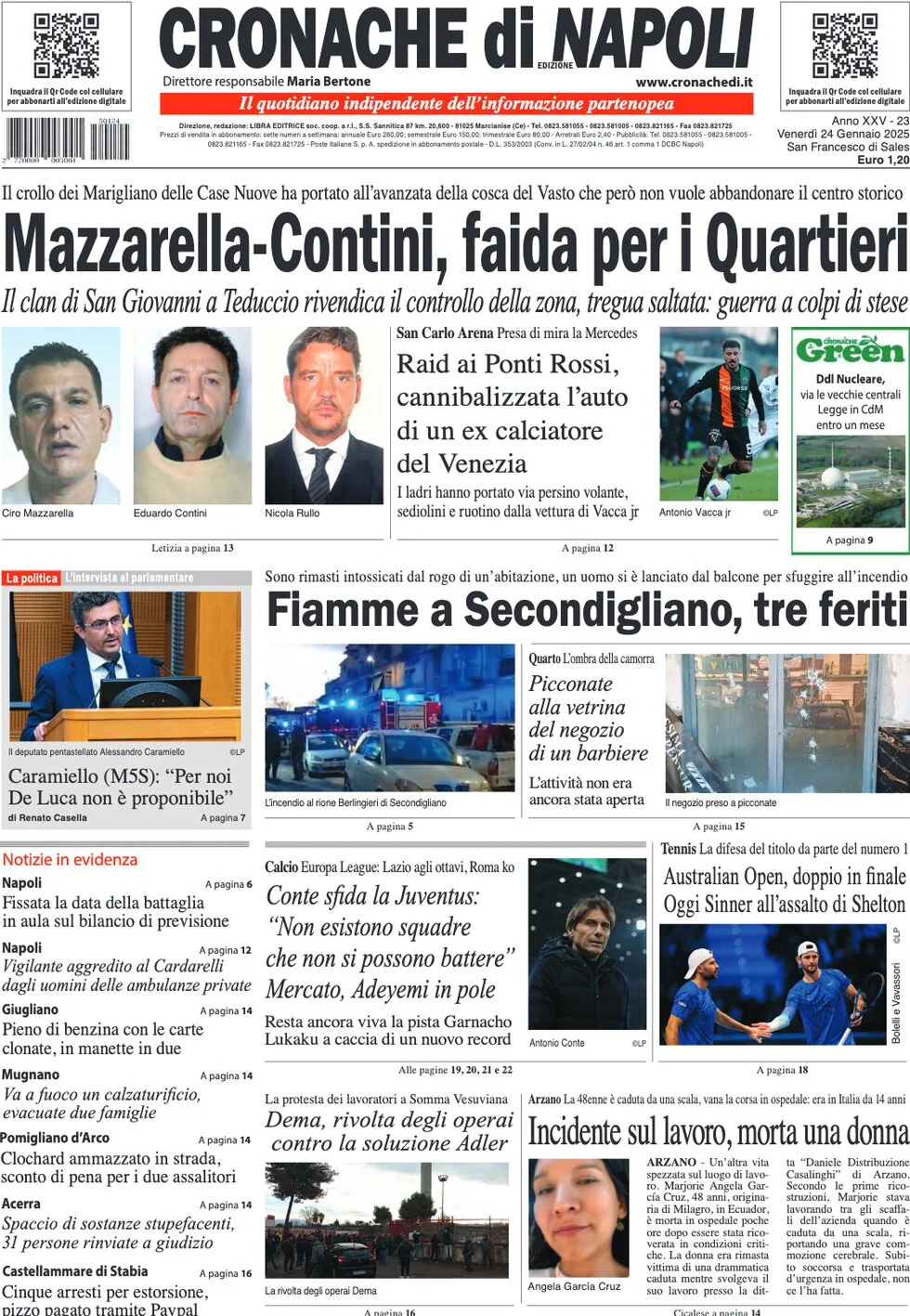 anteprima della prima pagina di cronache-di-napoli del 24/01/2025