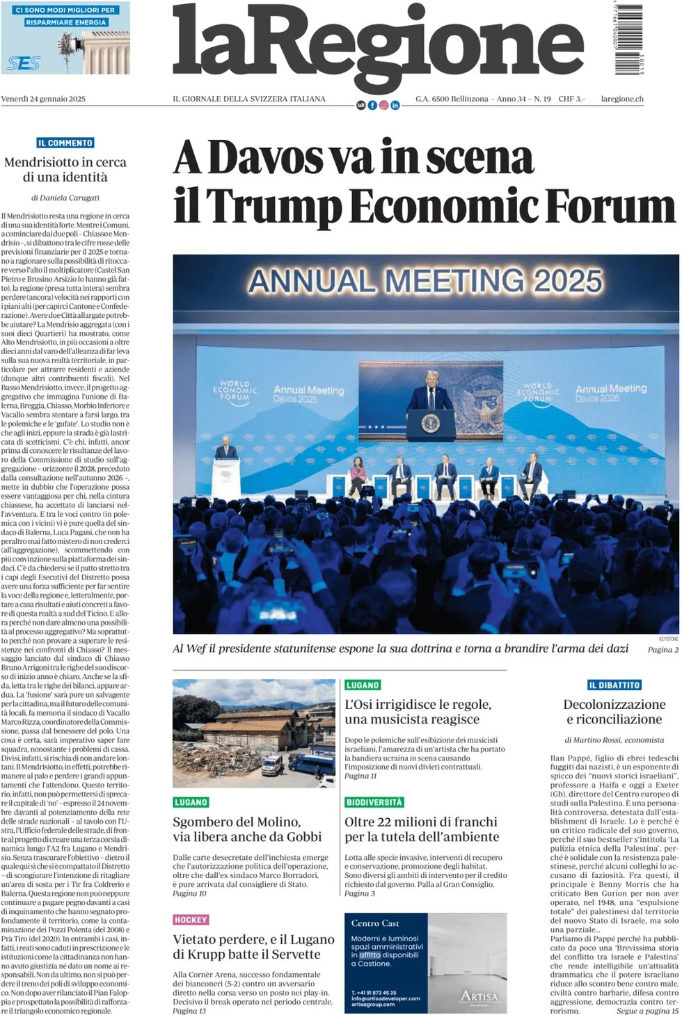 anteprima della prima pagina di la-regione del 24/01/2025