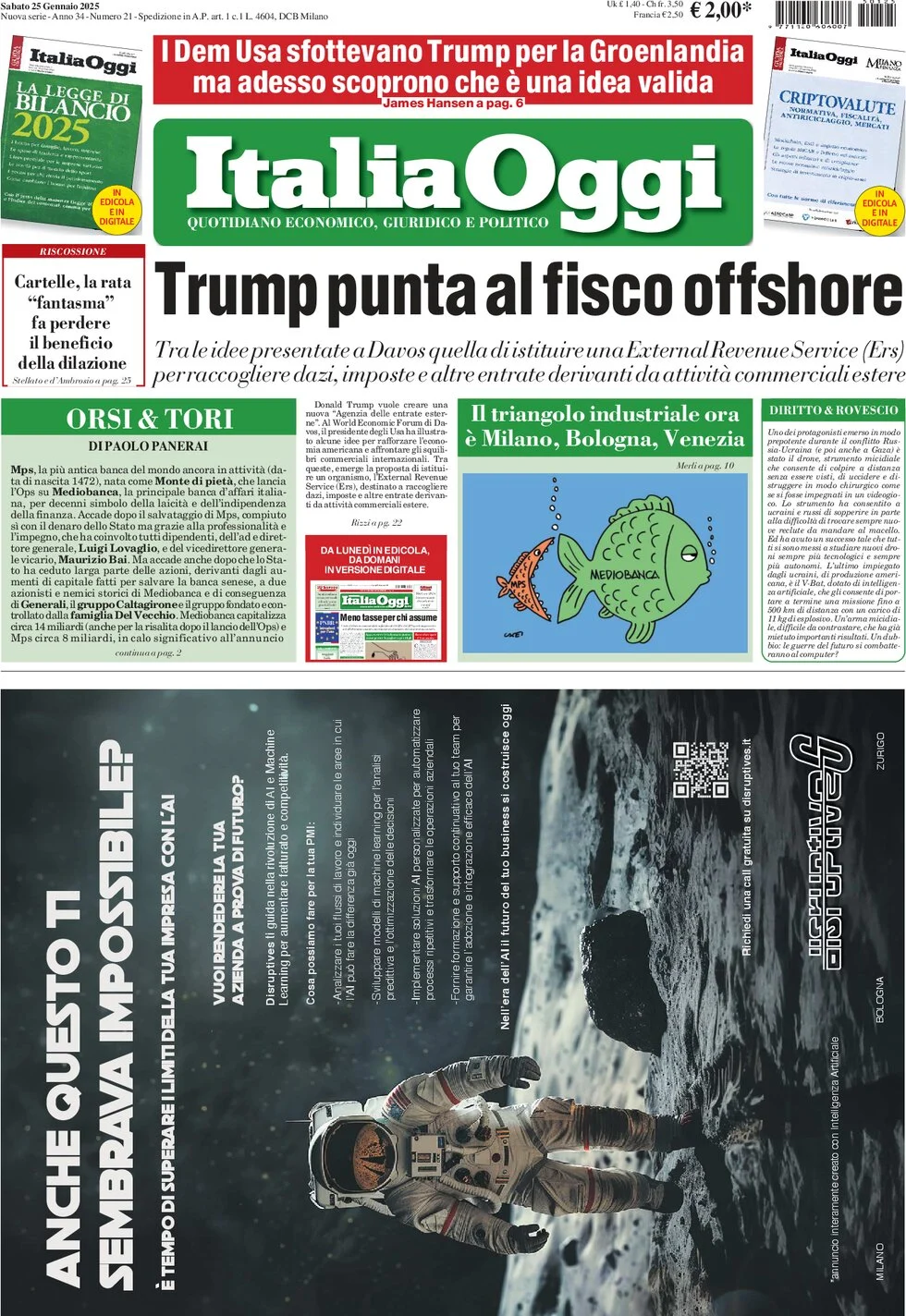 anteprima della prima pagina di italiaoggi del 25/01/2025