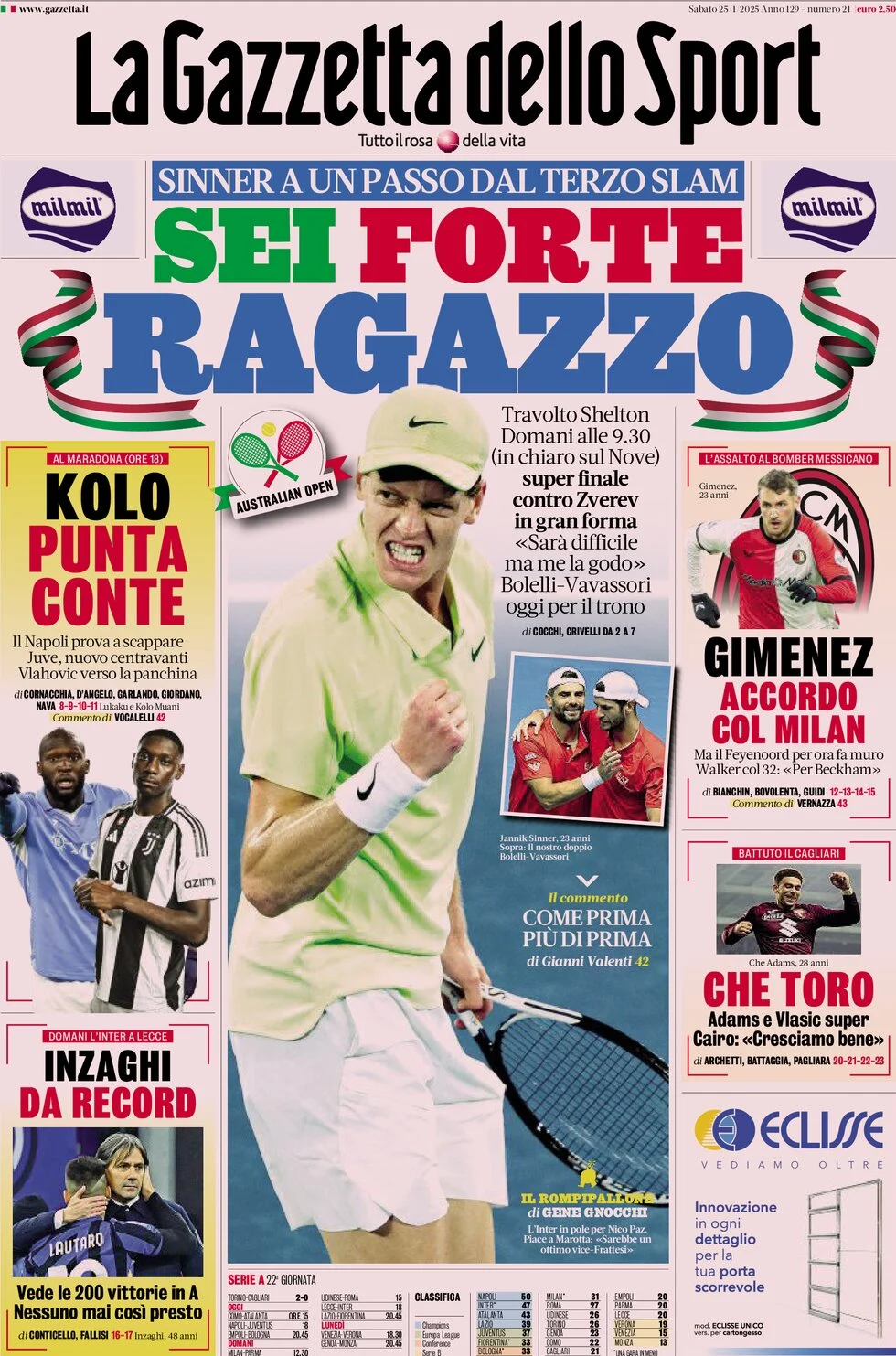 anteprima della prima pagina di la-gazzetta-dello-sport del 25/01/2025