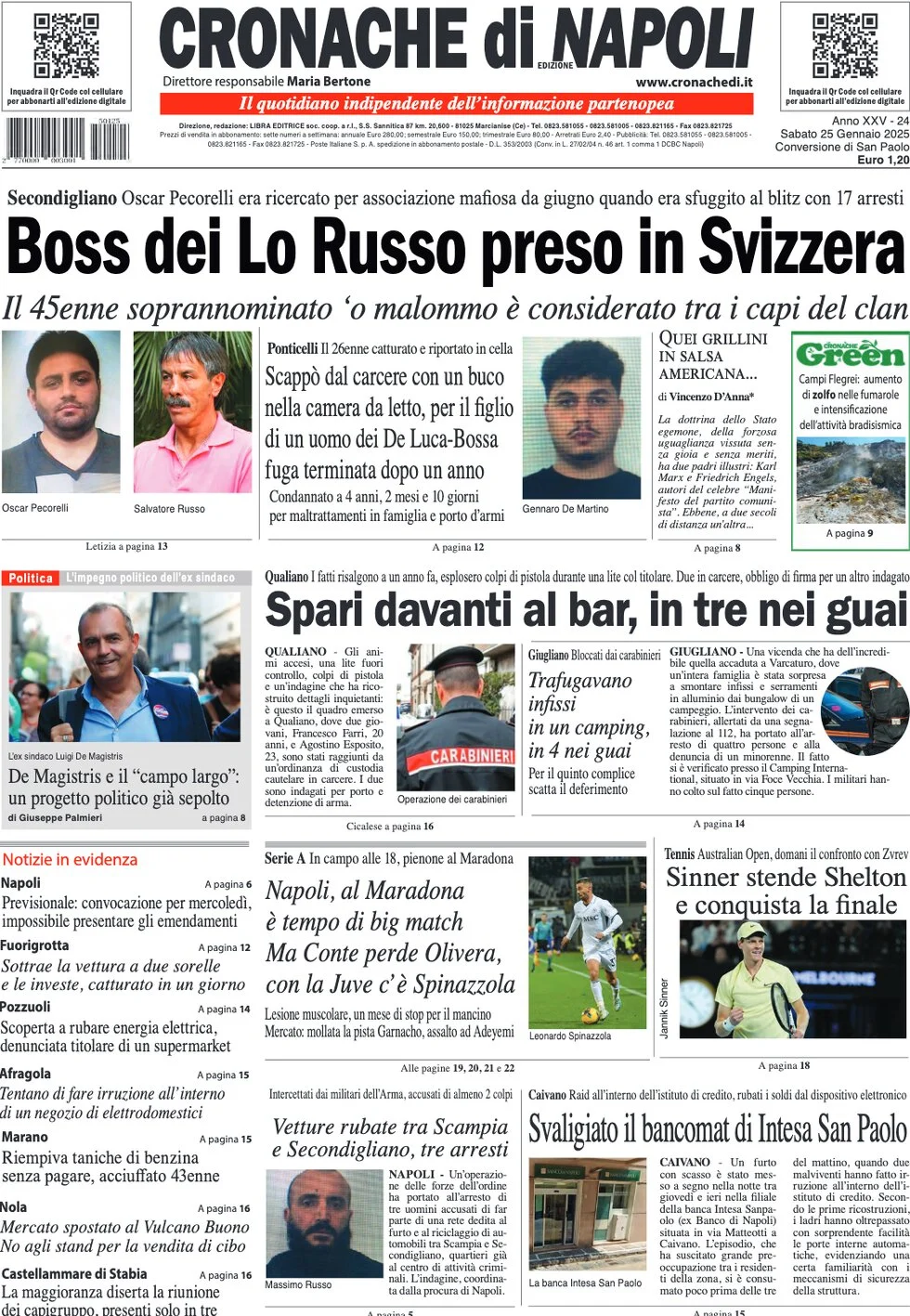 anteprima della prima pagina di cronache-di-napoli del 25/01/2025