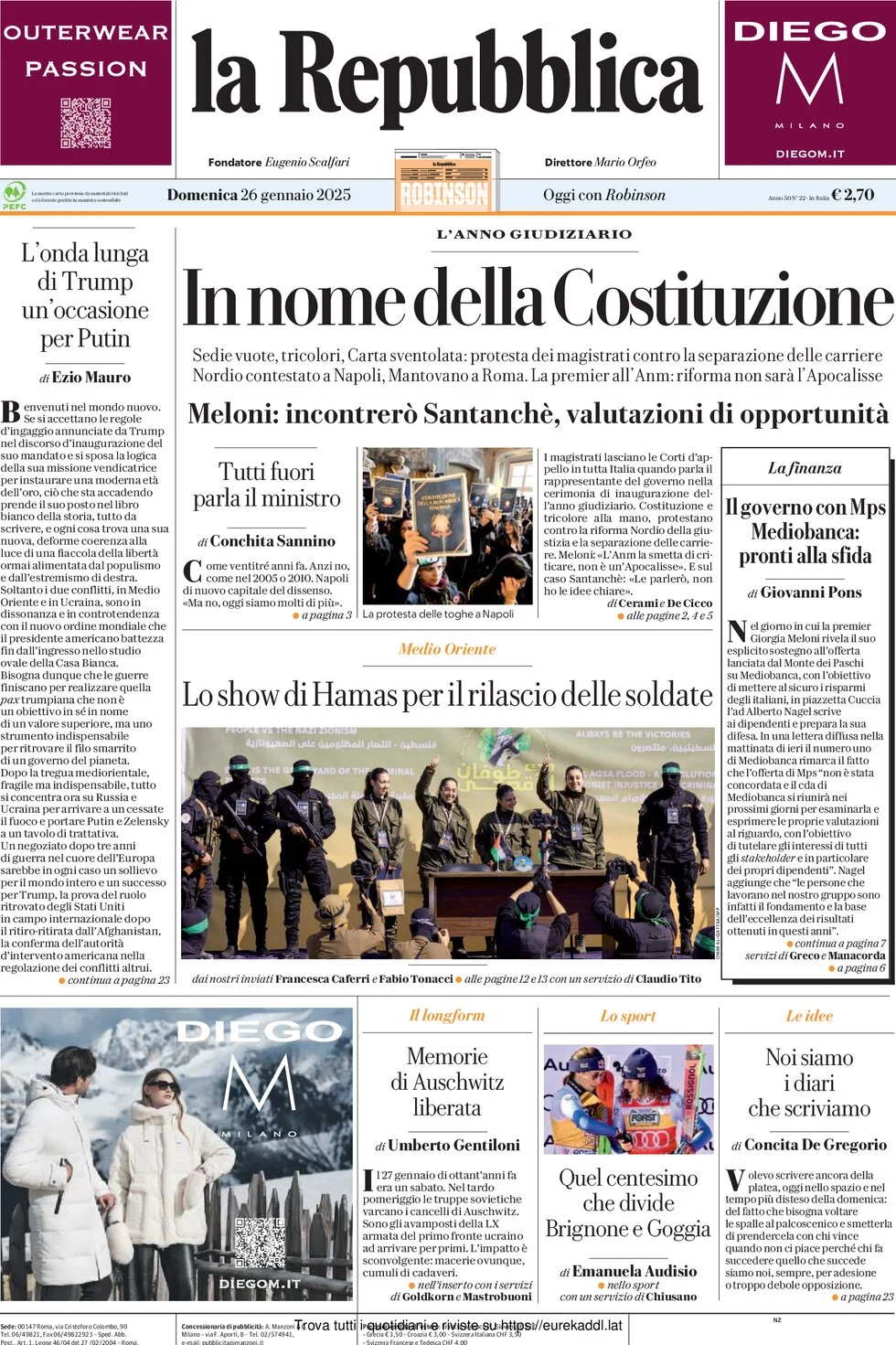 anteprima della prima pagina di la-repubblica del 26/01/2025