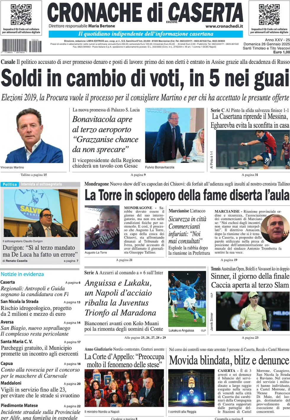 anteprima della prima pagina di cronache-di-caserta del 26/01/2025