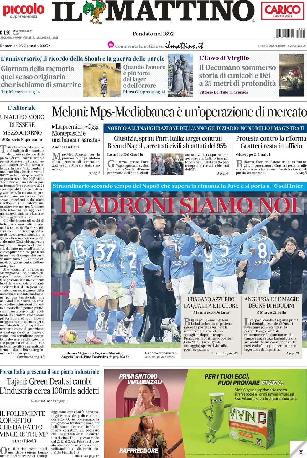 anteprima della prima pagina di il-mattino del 26/01/2025
