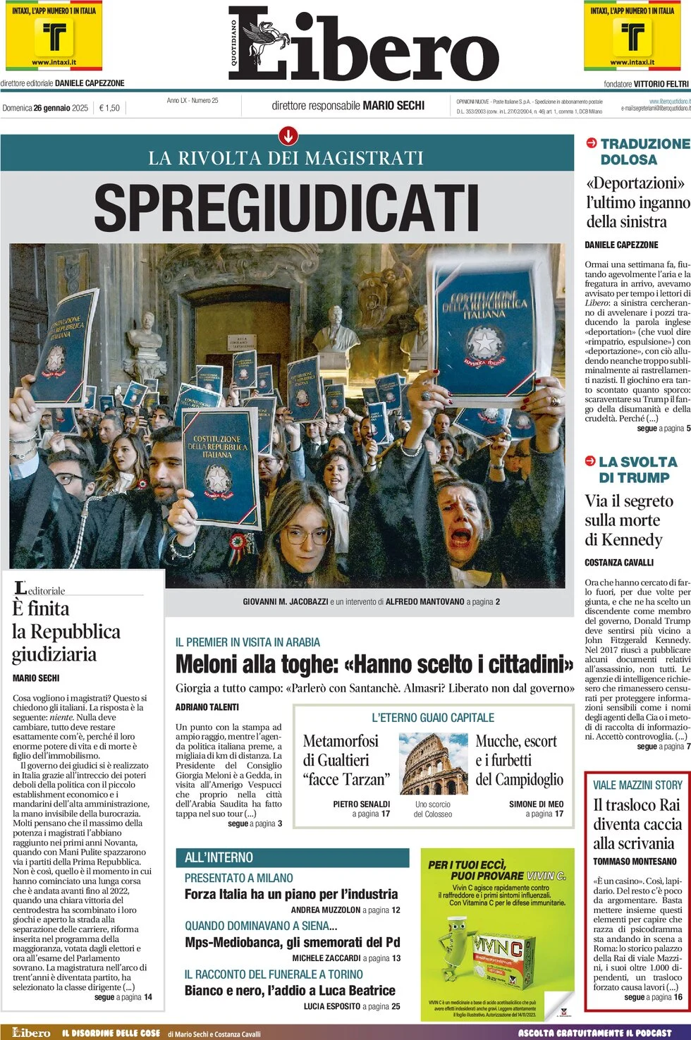 anteprima della prima pagina di libero-quotidiano del 26/01/2025