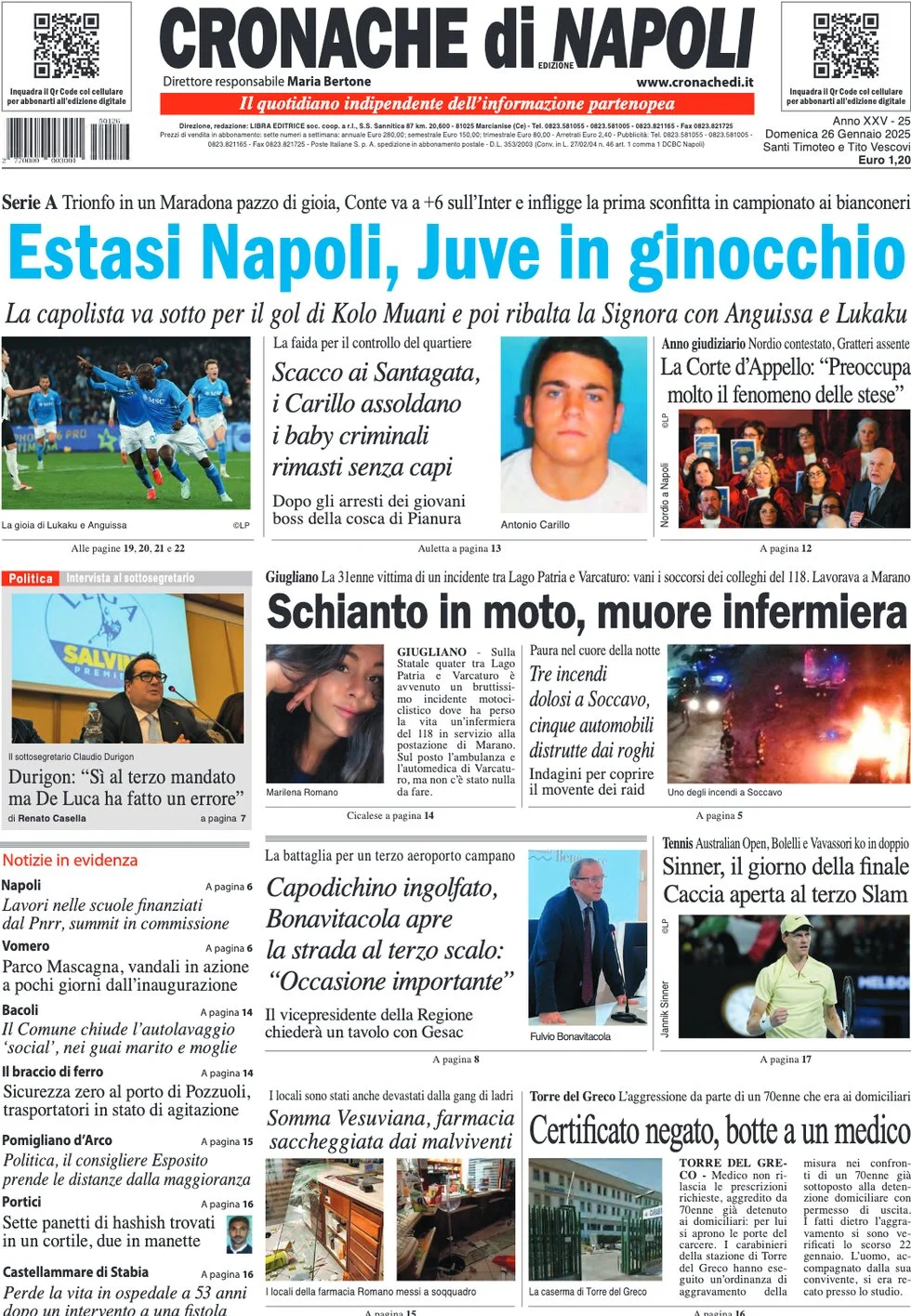 anteprima della prima pagina di cronache-di-napoli del 26/01/2025