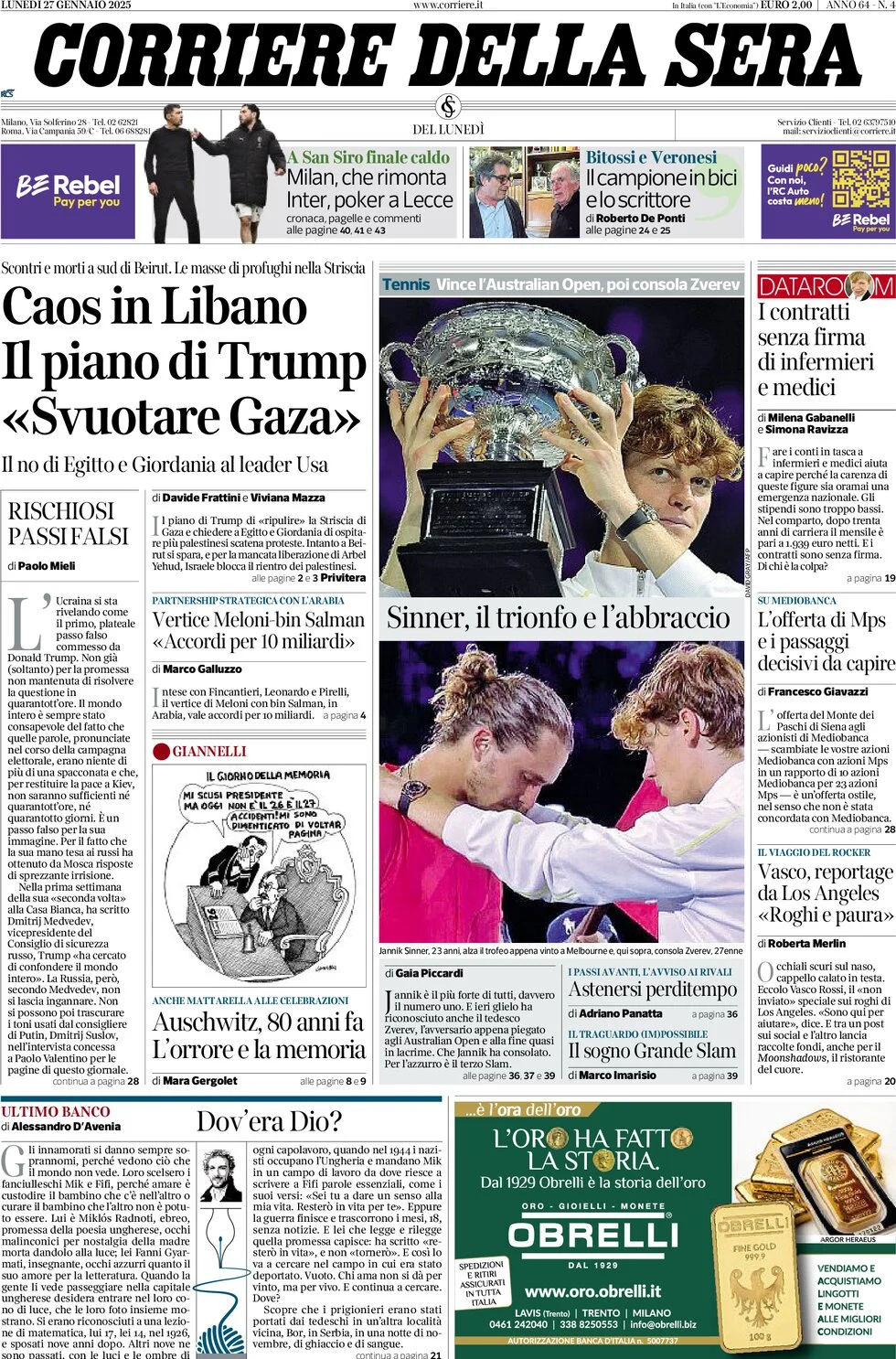 anteprima della prima pagina di corriere-della-sera del 27/01/2025