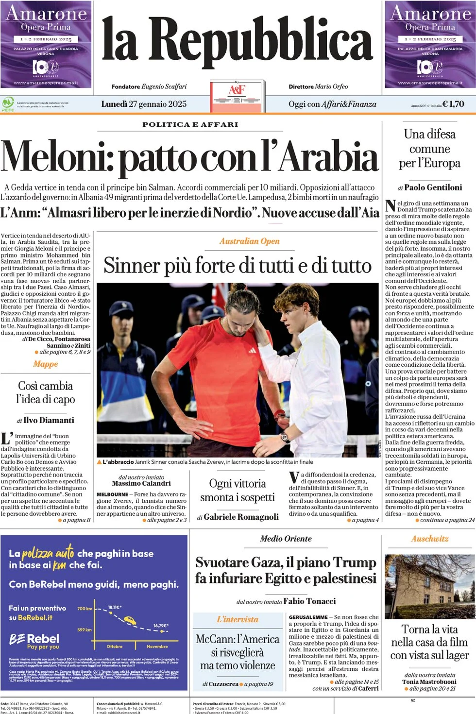 anteprima della prima pagina di la-repubblica del 27/01/2025