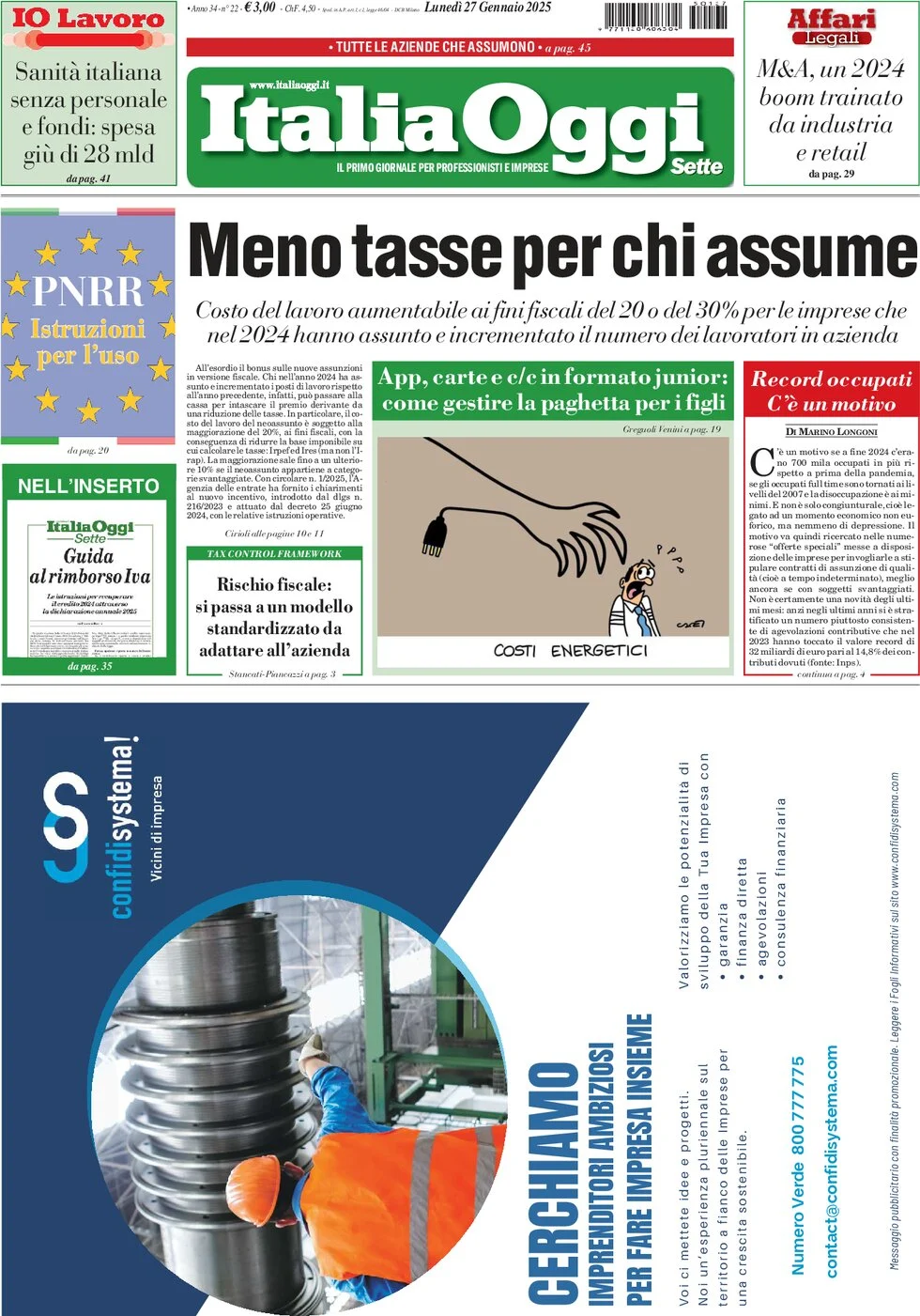 anteprima della prima pagina di italiaoggi del 27/01/2025