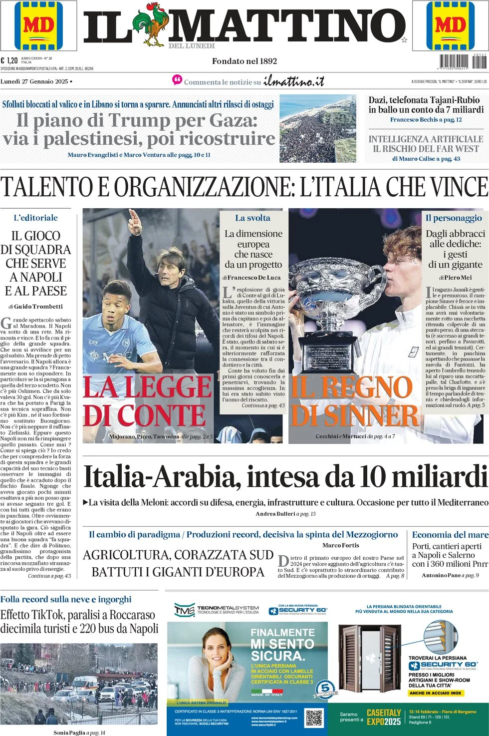 anteprima della prima pagina di il-mattino del 27/01/2025