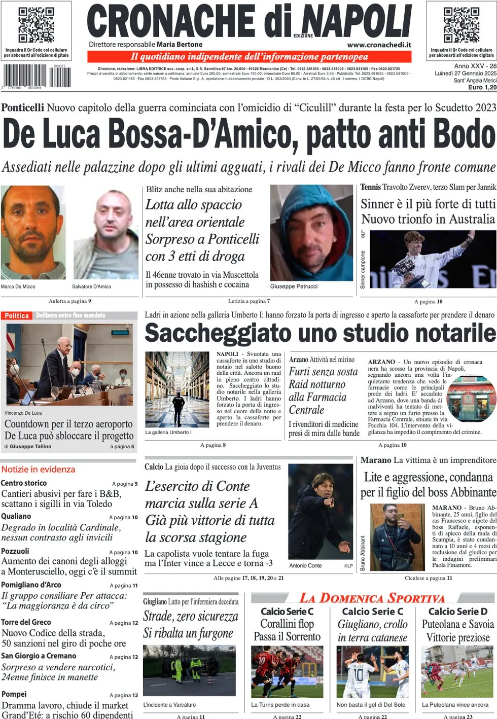 anteprima della prima pagina di cronache-di-napoli del 27/01/2025