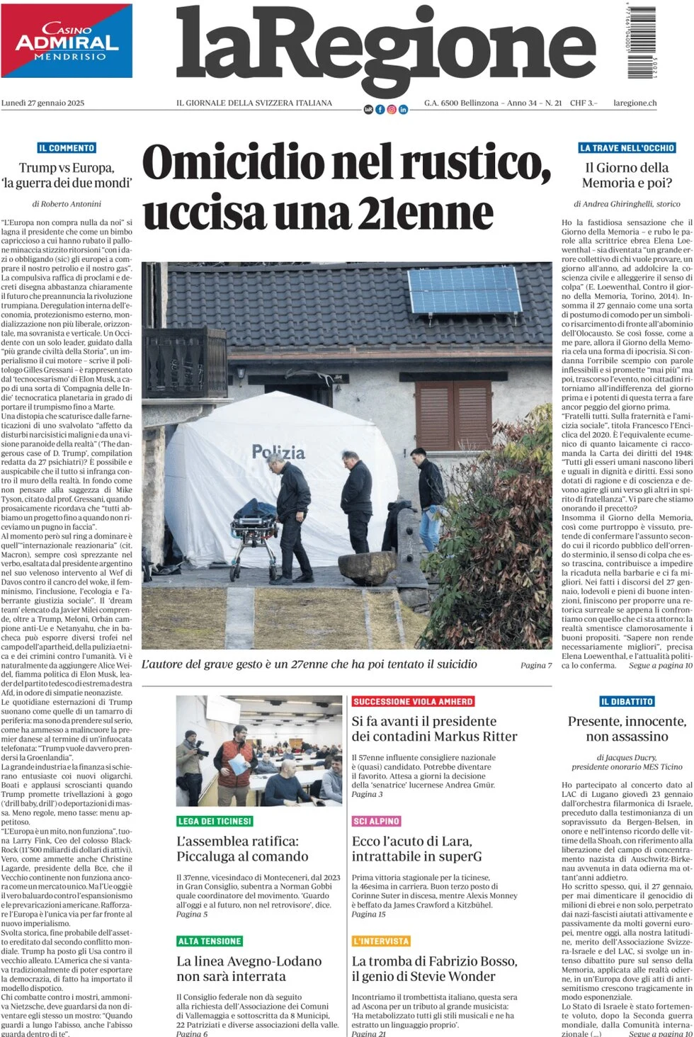 anteprima della prima pagina di la-regione del 27/01/2025