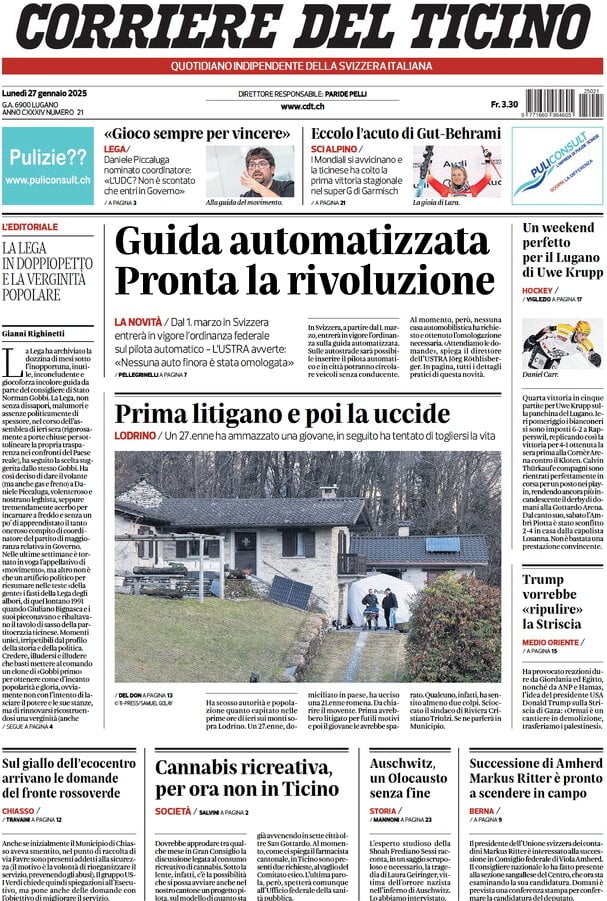 anteprima della prima pagina di corriere-del-ticino del 27/01/2025