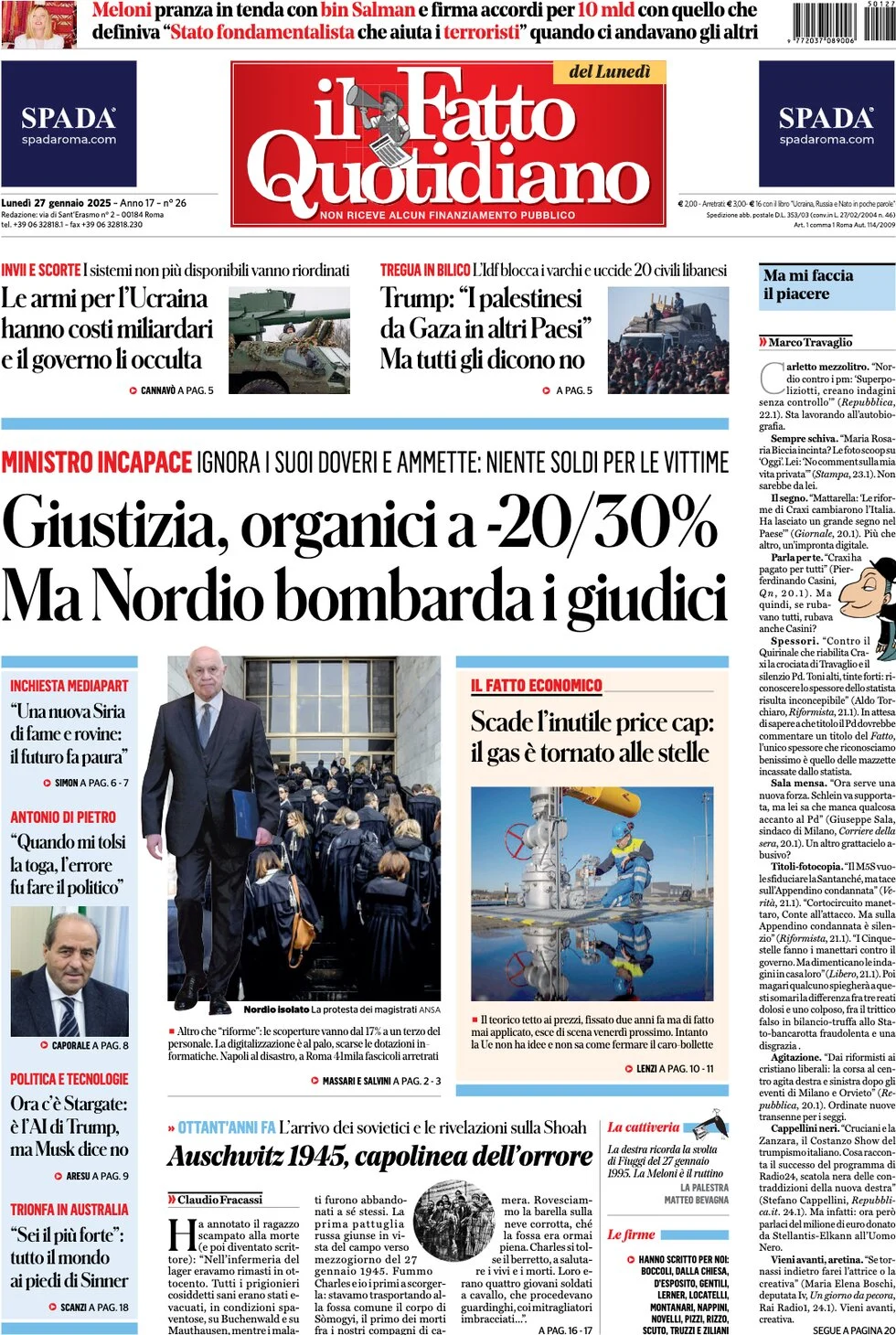 anteprima della prima pagina di il-fatto-quotidiano del 27/01/2025