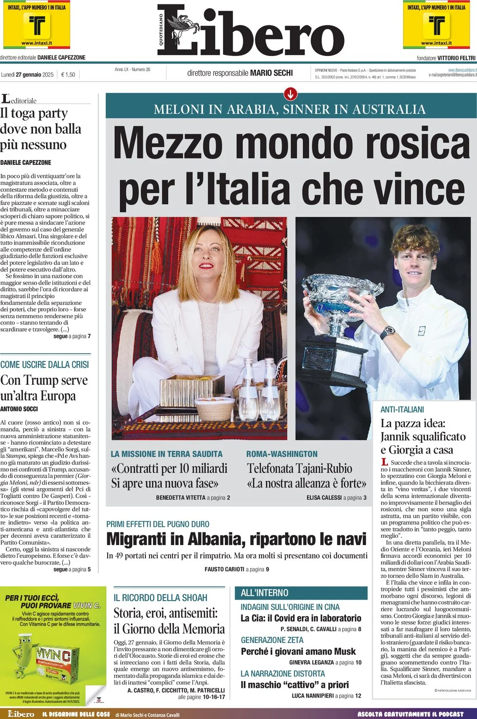 anteprima della prima pagina di libero-quotidiano del 27/01/2025
