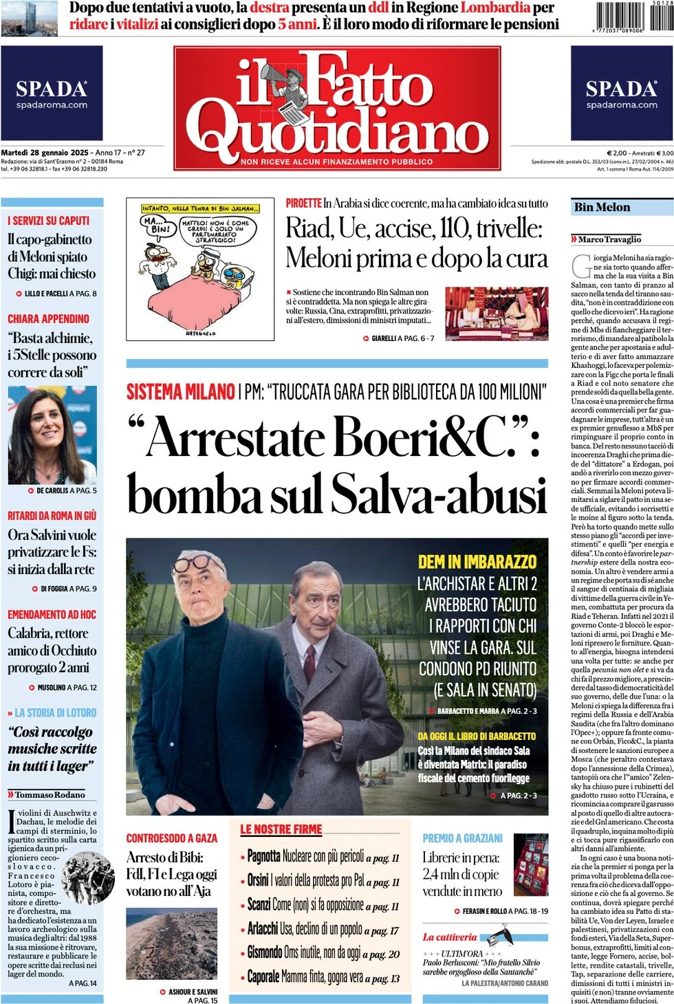 anteprima della prima pagina di il-fatto-quotidiano del 28/01/2025