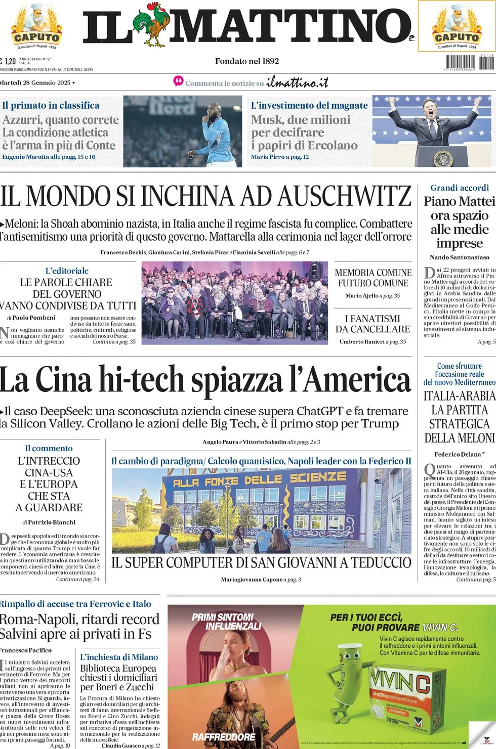 anteprima della prima pagina di il-mattino del 28/01/2025