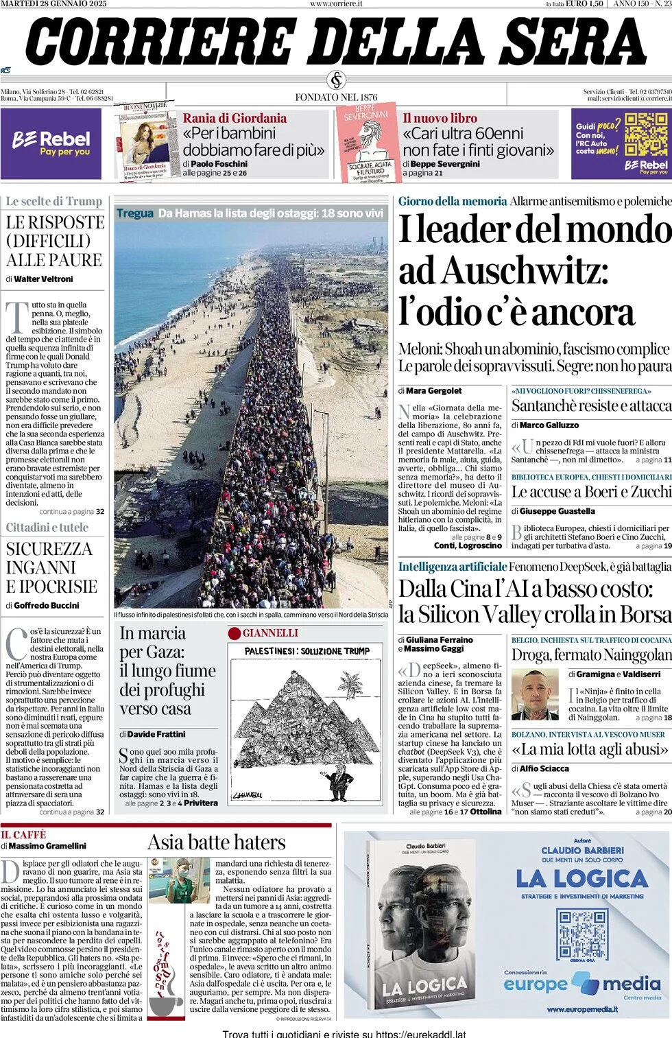 anteprima della prima pagina di corriere-della-sera del 28/01/2025