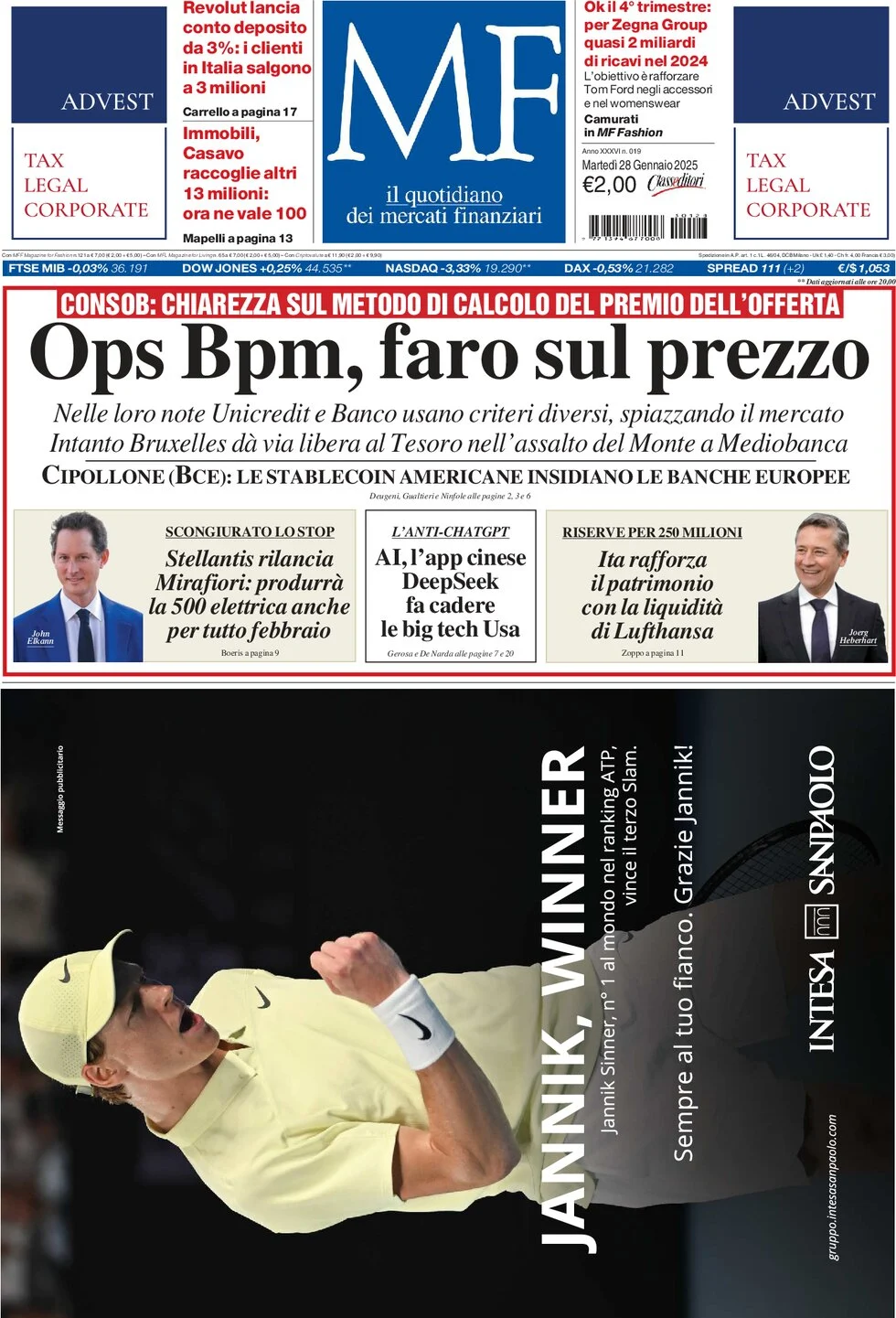 anteprima della prima pagina di mf-milano-finanza del 28/01/2025