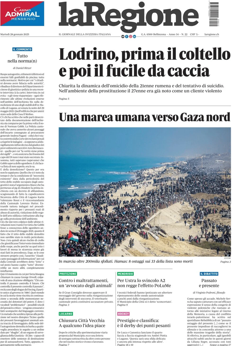 anteprima della prima pagina di la-regione del 28/01/2025
