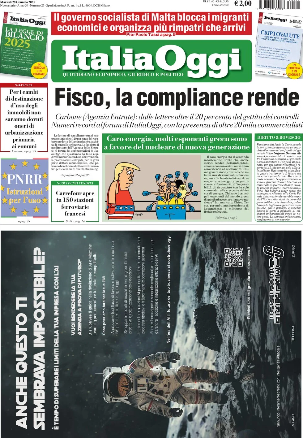 anteprima della prima pagina di italiaoggi del 28/01/2025
