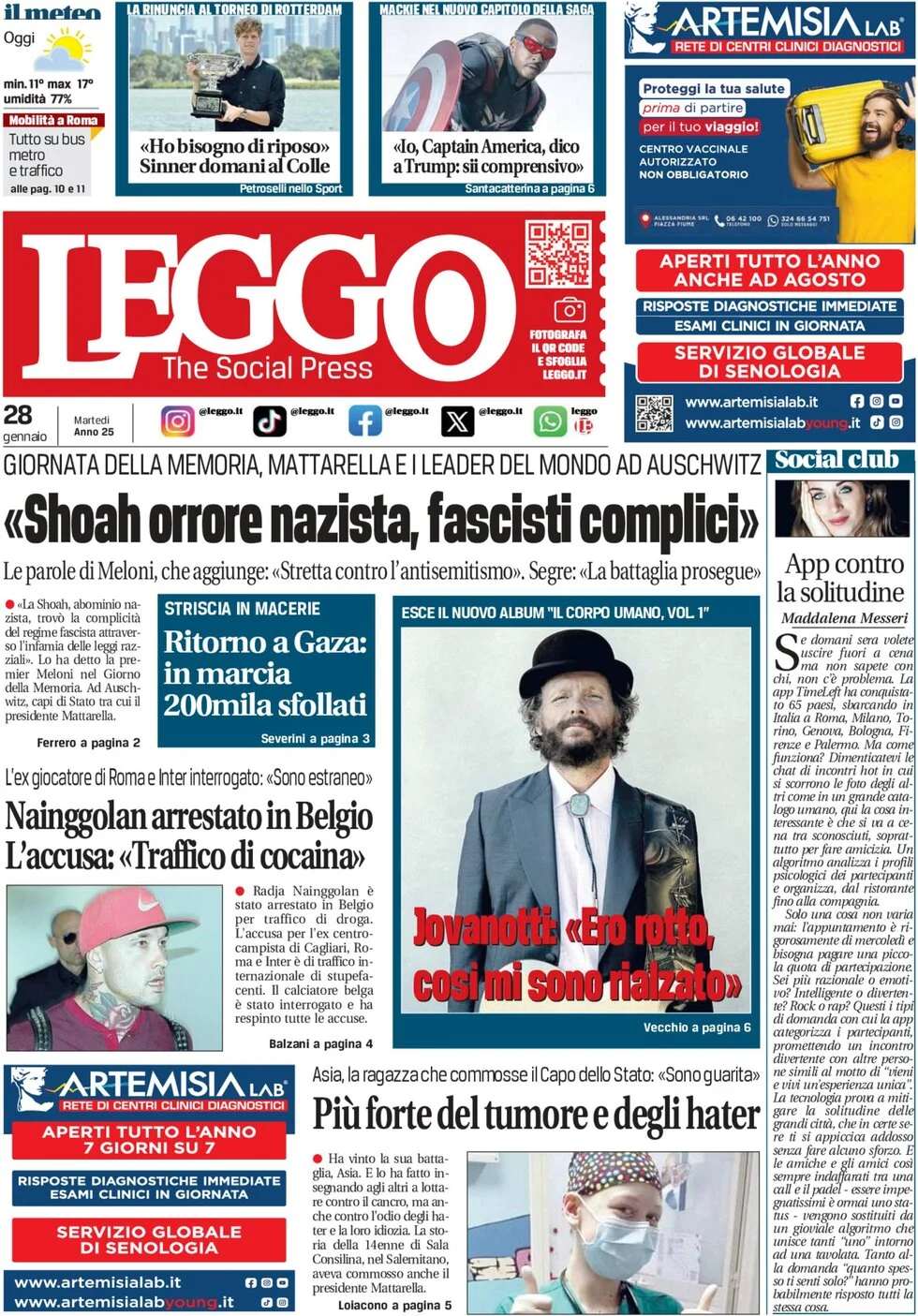 anteprima della prima pagina di leggo-roma del 28/01/2025