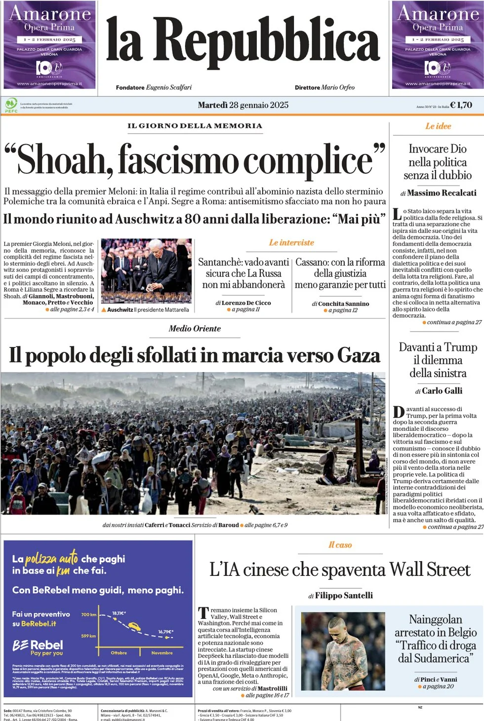 anteprima della prima pagina di la-repubblica del 28/01/2025